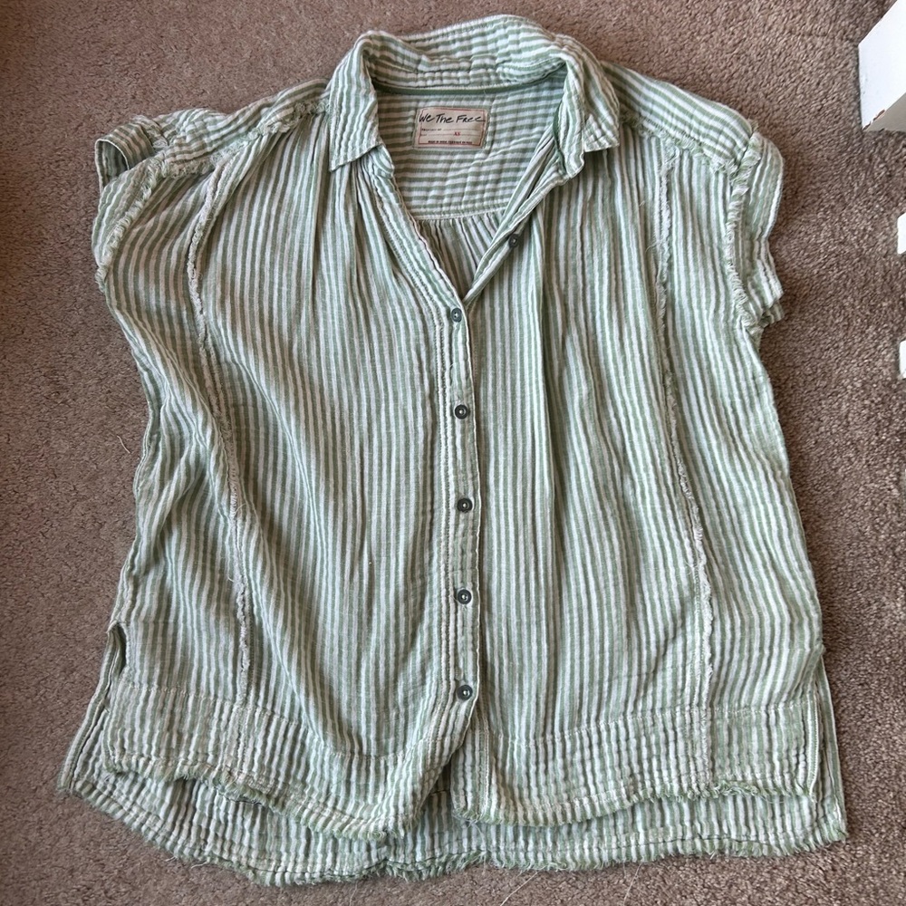 Free people Green Striped Button-Up Top